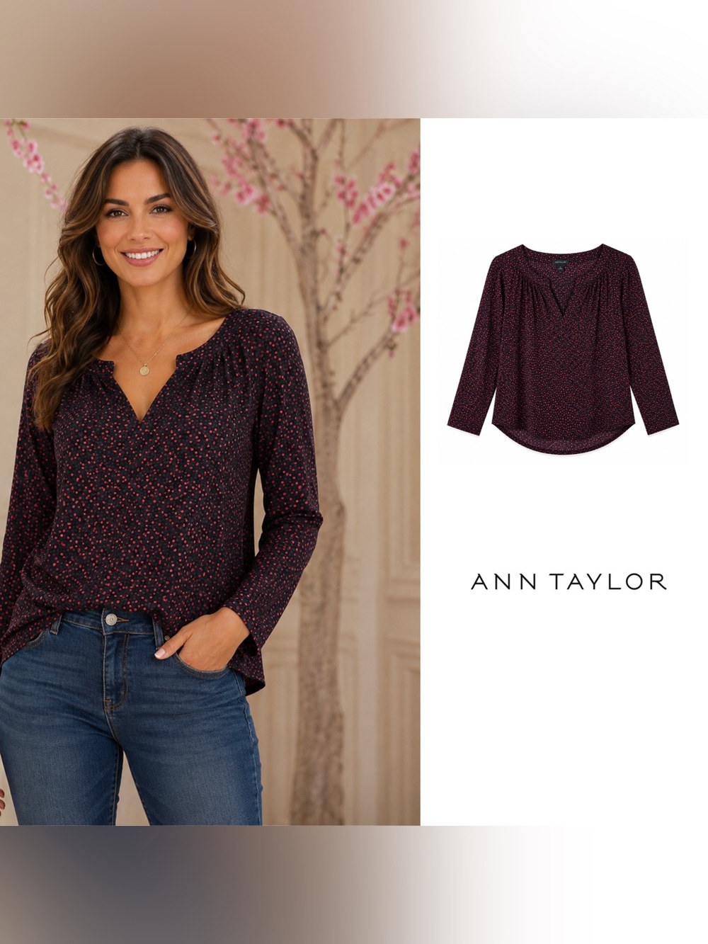NEW Ann Taylor Black Blouse with Pink Dot Print